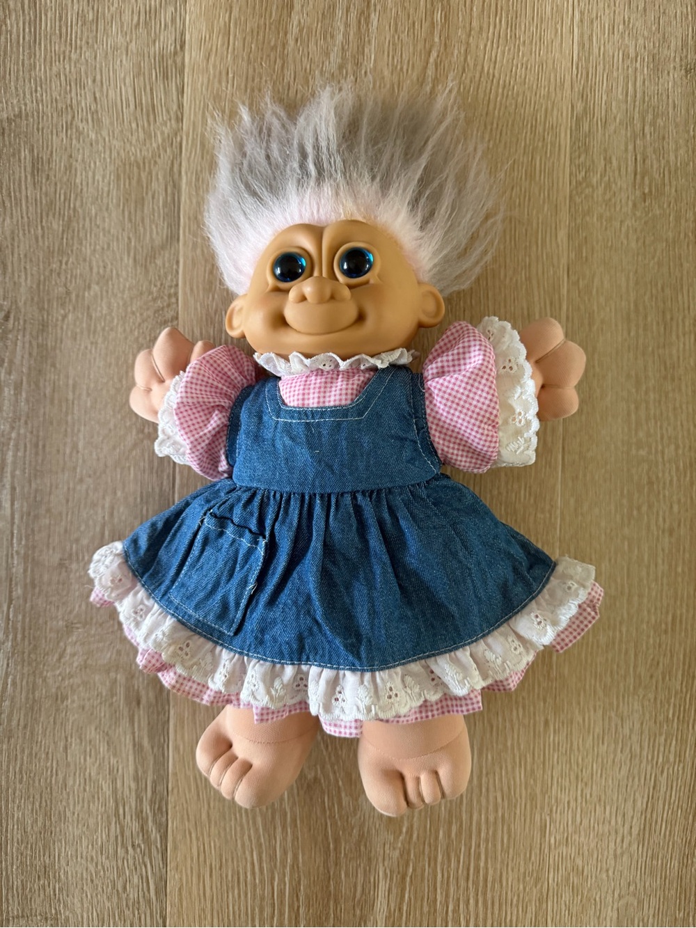 Russ Pink and Grey Haired Troll Doll Plush in Denim Dress